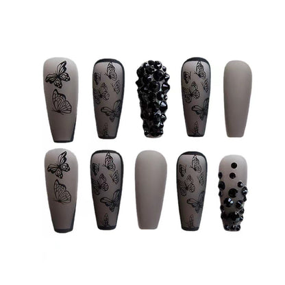 Phantom Dark Butterfly Fake Nails Long T Finished Black Frosted Removable Wear Armor - Shuntia Symonette