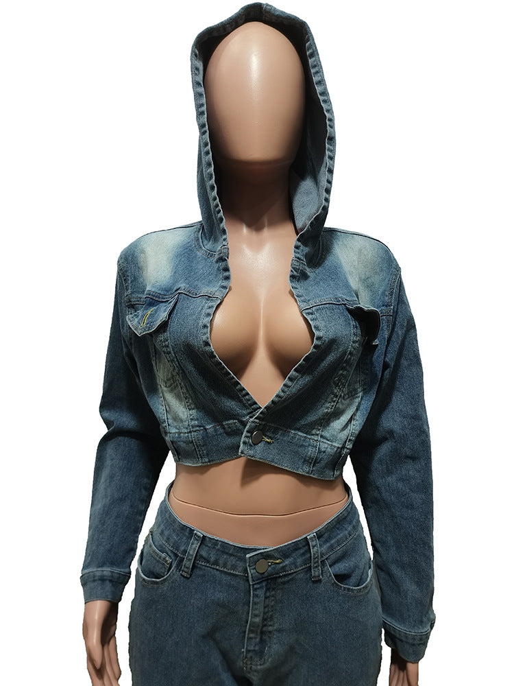 Women's Clothing Cardigan Hooded Non-elastic Bell-bottom Pants Denim Suit - Shuntia Symonette