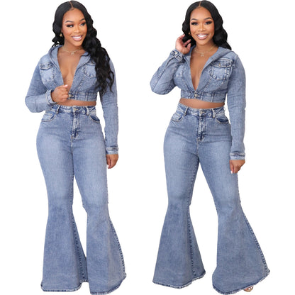 Women's Clothing Cardigan Hooded Non-elastic Bell-bottom Pants Denim Suit - Shuntia Symonette