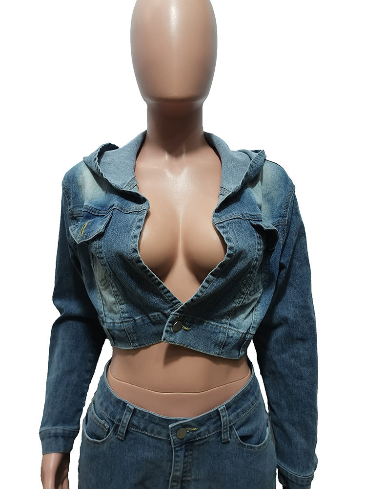 Women's Clothing Cardigan Hooded Non-elastic Bell-bottom Pants Denim Suit - Shuntia Symonette