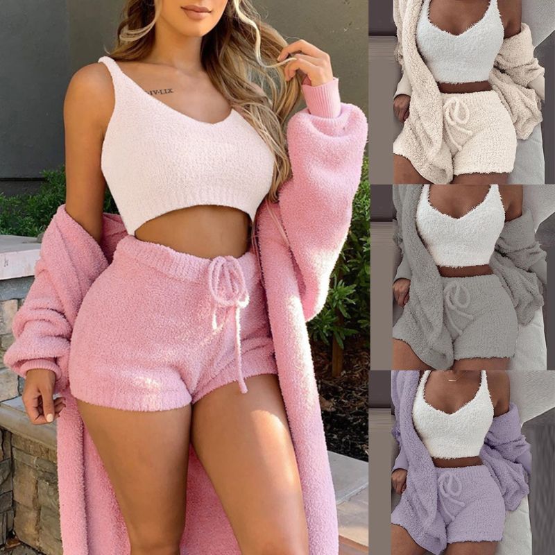 Winter Sexy Women Home Wear Suit Casual Pajamas Set Lady Female Soft Warm Long Sleeve Exposed Navel Vest Shorts Set - Shuntia Symonette