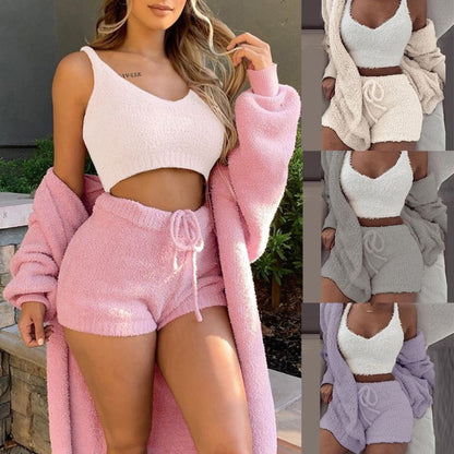 Winter Sexy Women Home Wear Suit Casual Pajamas Set Lady Female Soft Warm Long Sleeve Exposed Navel Vest Shorts Set - Shuntia Symonette