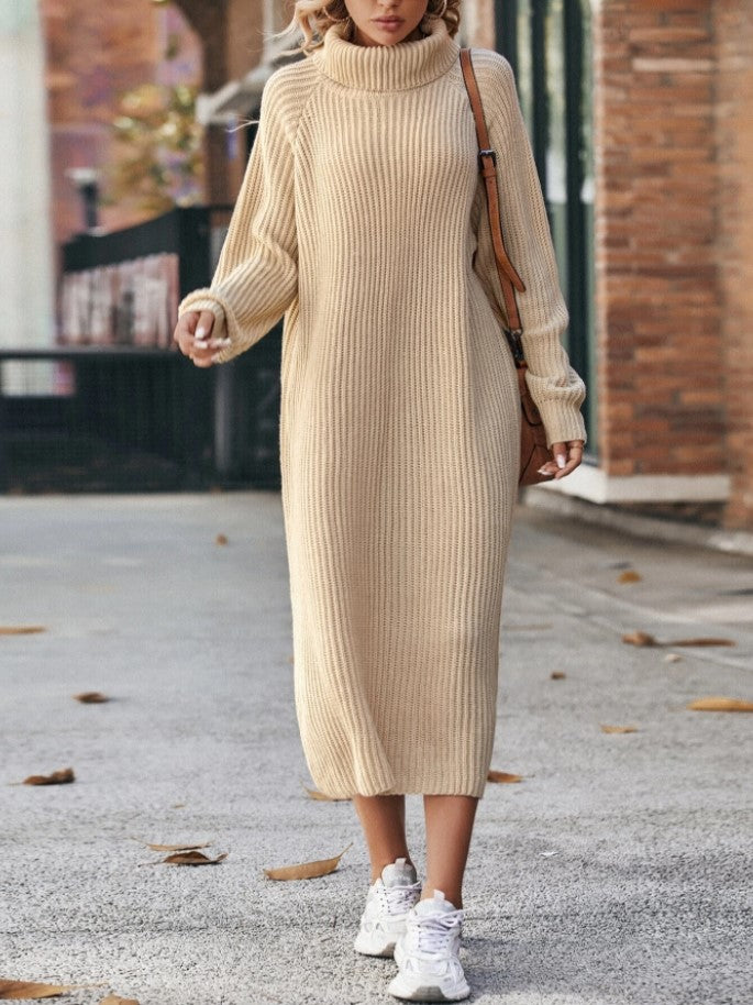 Winter Turtleneck Knitted Sweater Dress Fashion Solid Loose Pullover Long Dresses For Women Clothing - Shuntia Symonette
