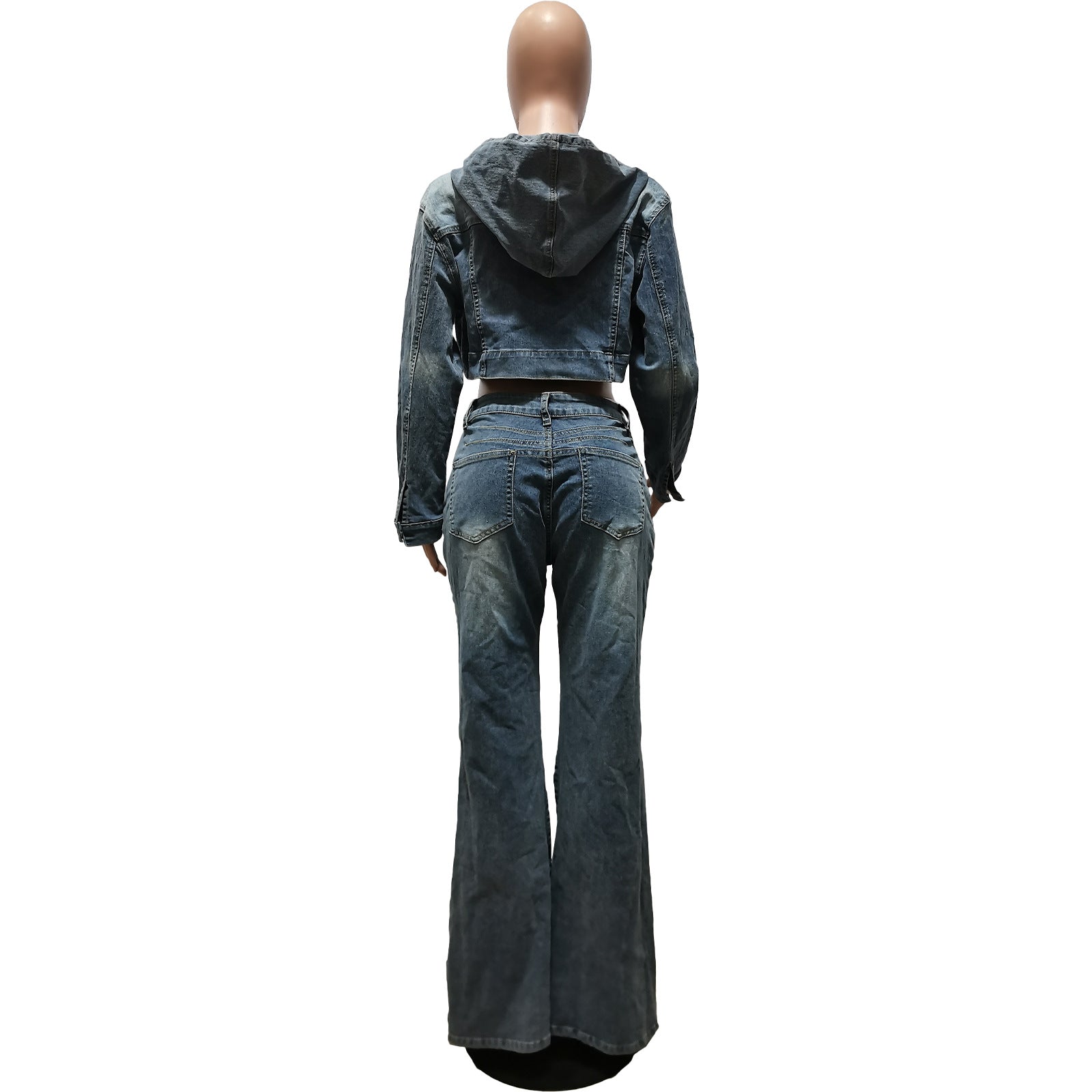Women's Clothing Cardigan Hooded Non-elastic Bell-bottom Pants Denim Suit - Shuntia Symonette