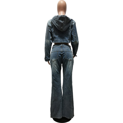 Women's Clothing Cardigan Hooded Non-elastic Bell-bottom Pants Denim Suit - Shuntia Symonette