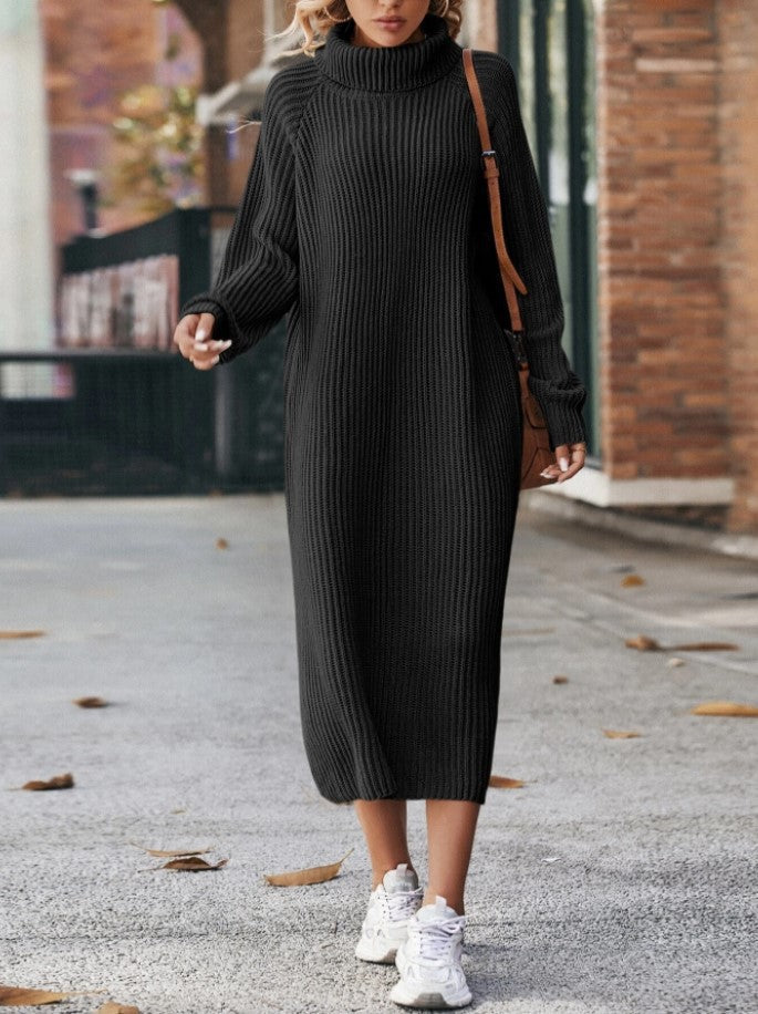 Winter Turtleneck Knitted Sweater Dress Fashion Solid Loose Pullover Long Dresses For Women Clothing - Shuntia Symonette