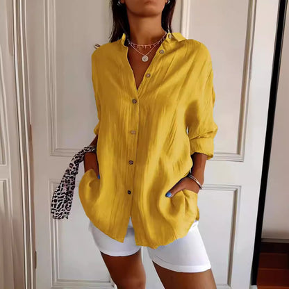 Del El Lapel Long Sleeve Shirt Women's Single-breasted Pleated Shirt Tops Clothing - Shuntia Symonette